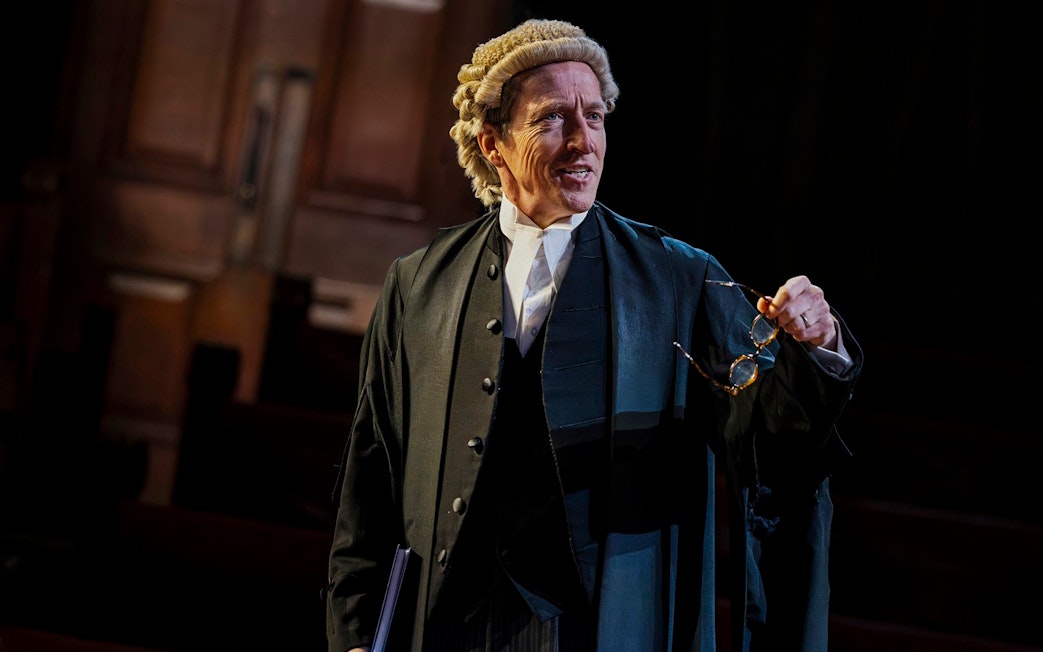 Barrister in courtroom scene from "Witness for the Prosecution," West End.