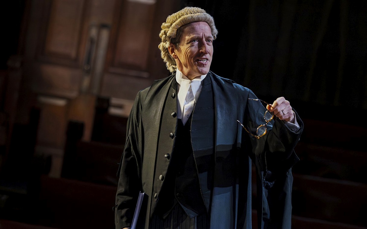 Barrister in courtroom scene from "Witness for the Prosecution," West End.