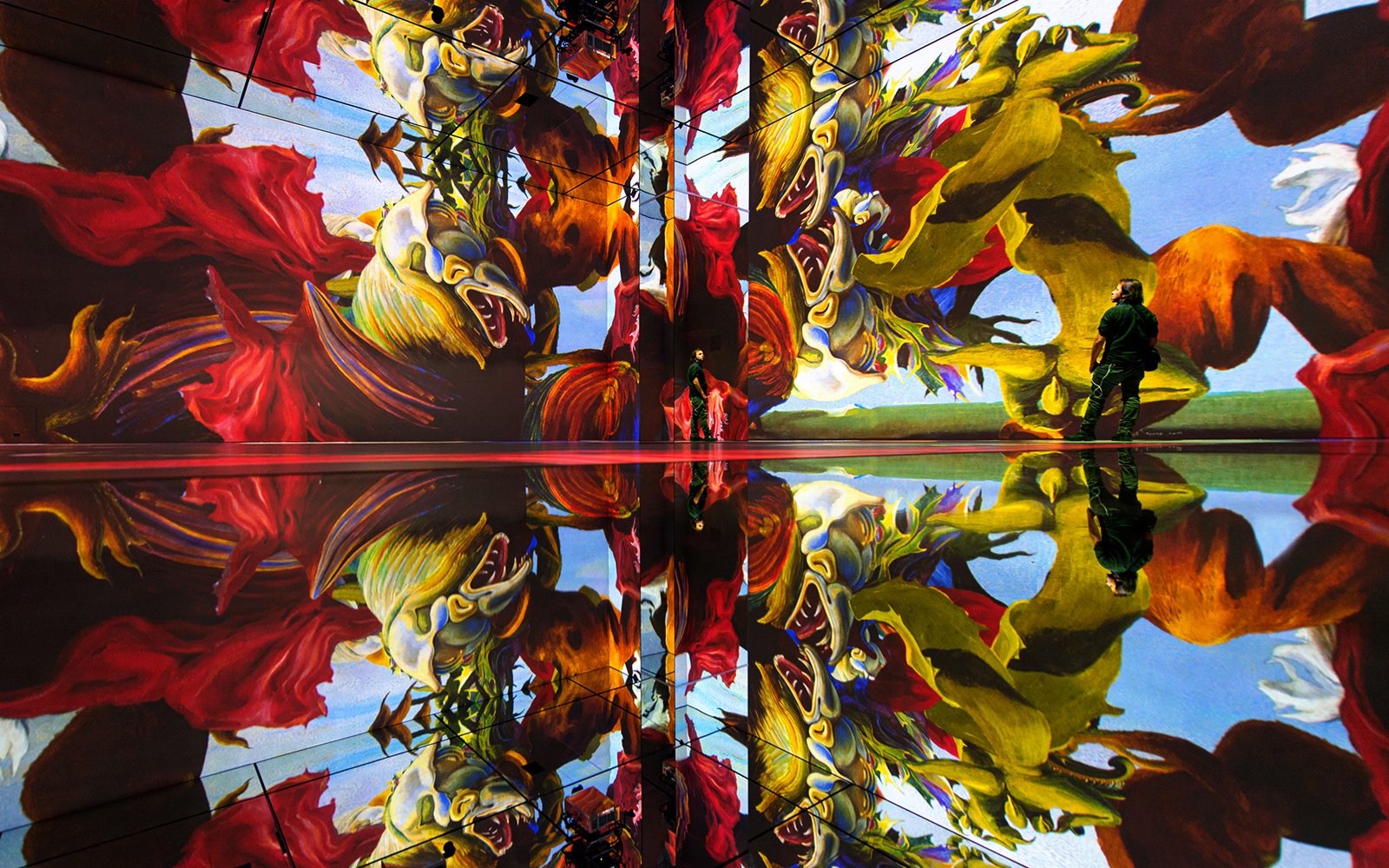 Immersive digital art display at Frameless London with vibrant reflections.