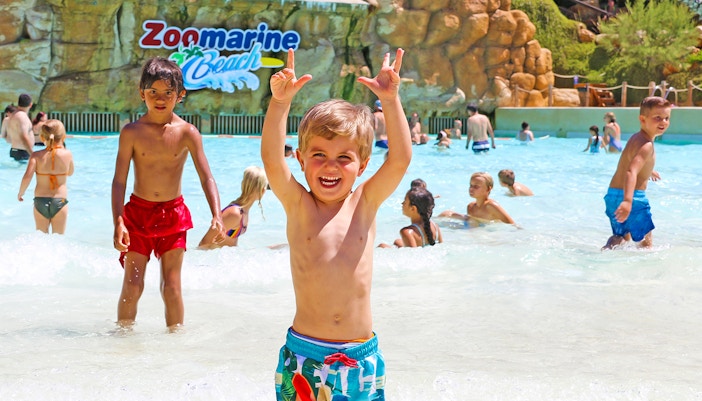 Visitors enjoying dolphin show at Zoomarine, Albufeira, Portugal with entry ticket experience.