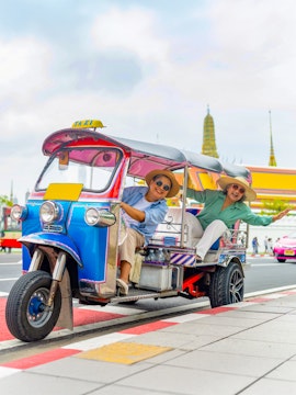 Tuk tuk ride near Wat Phra Kaew Temple, Bangkok.