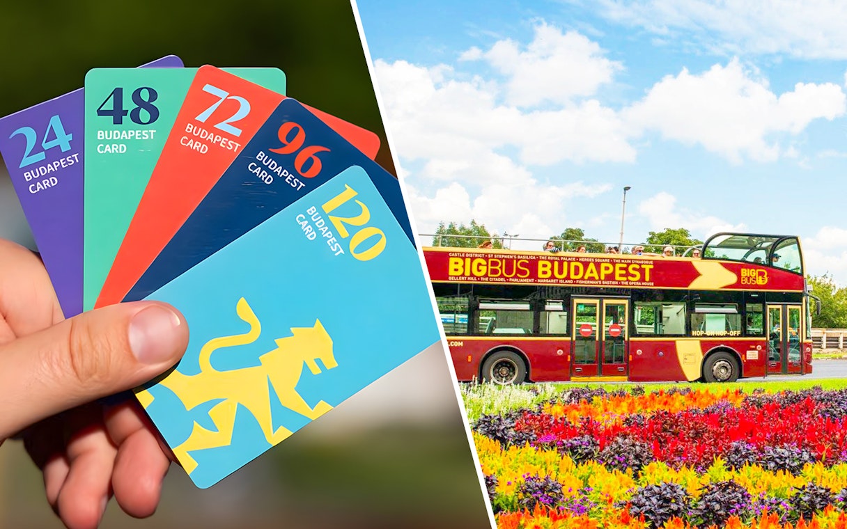 Budapest Card options and Big Bus Budapest tour bus with colorful flowers in foreground.