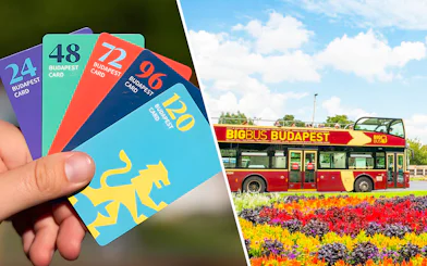 Budapest Card options and Big Bus Budapest tour bus with colorful flowers in foreground.