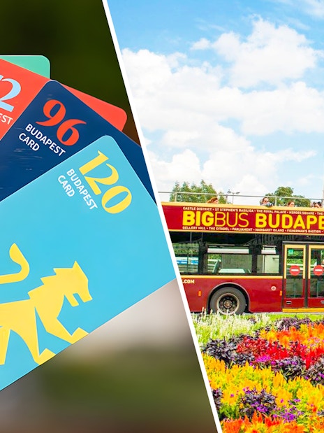 Budapest Card options and Big Bus Budapest tour bus with colorful flowers in foreground.