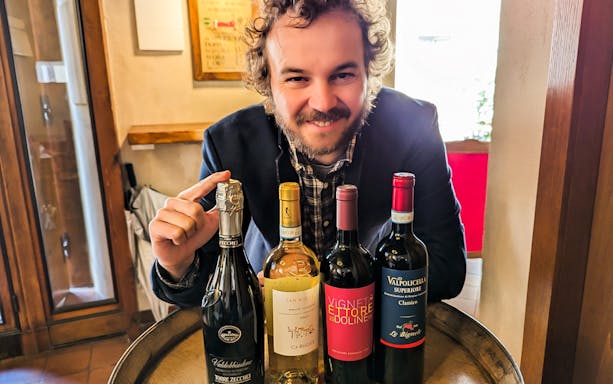 Man presenting wine bottles for tasting near Juliet's Balcony in Verona.