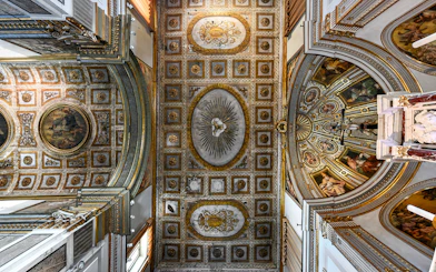 Ceiling frescoes and ornate details inside Basilica Sant'Antonino, Sorrento, Italy.