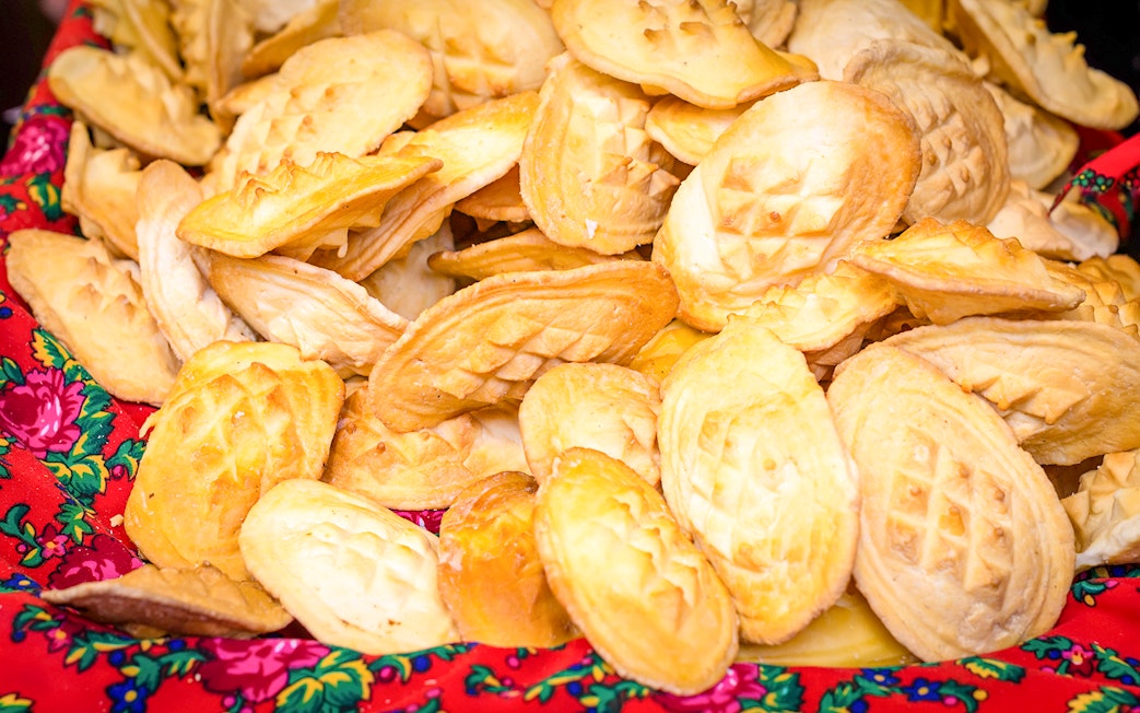 Cheese dumplings on a colorful cloth in Zakopane, Poland.