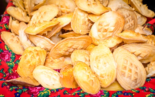 Cheese dumplings on a colorful cloth in Zakopane, Poland.