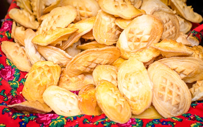 Cheese dumplings on a colorful cloth in Zakopane, Poland.
