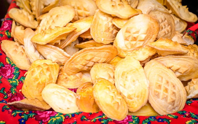 Cheese dumplings on a colorful cloth in Zakopane, Poland.