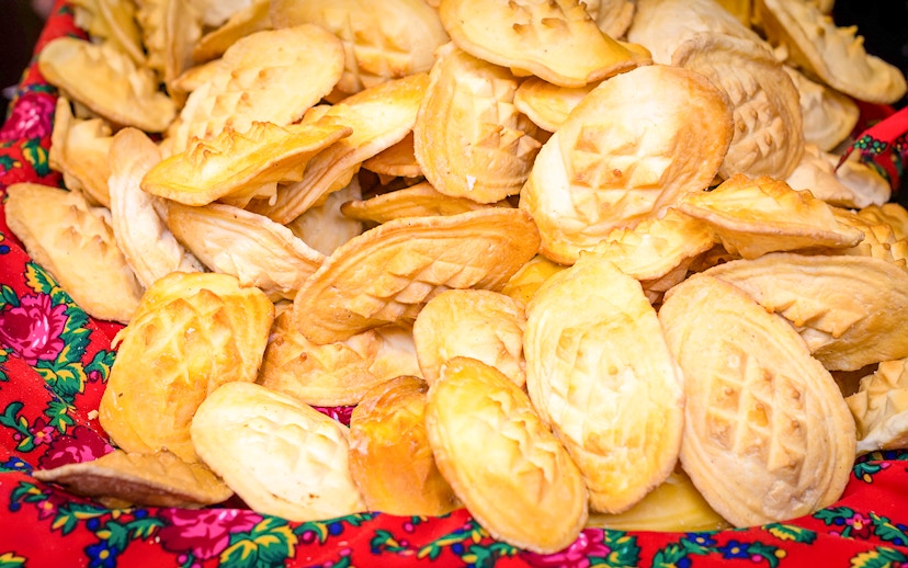 Cheese dumplings on a colorful cloth in Zakopane, Poland.