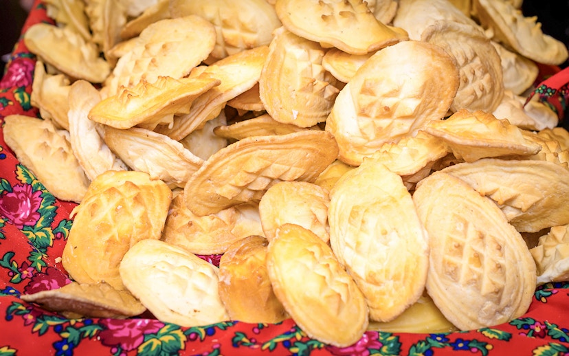 Cheese dumplings on a colorful cloth in Zakopane, Poland.