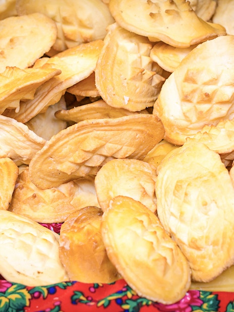 Cheese dumplings on a colorful cloth in Zakopane, Poland.