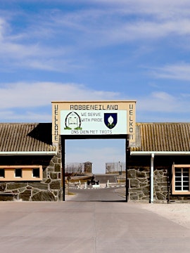 Robben Island entrance gate with welcome sign, Cape Town.