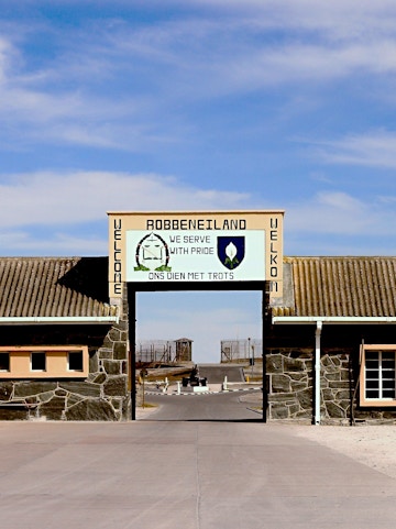 Robben Island entrance gate with welcome sign, Cape Town.