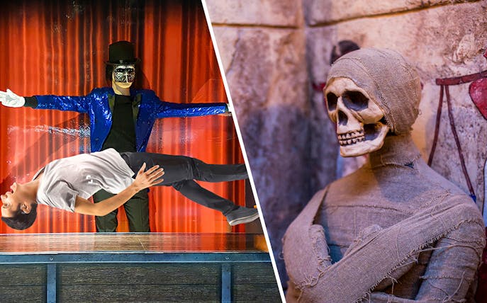 Magician levitating person at Magic World Penang; mummy exhibit at Ghost Museum Penang.
