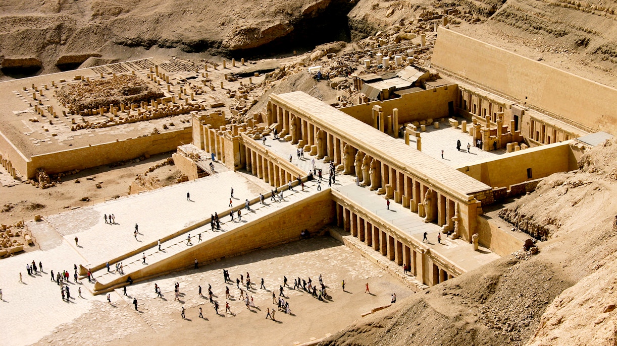 Valley of the Kings temple entrance with ancient hieroglyphics, Luxor, Egypt.