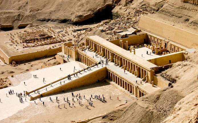 Valley of the Kings temple entrance with ancient hieroglyphics, Luxor, Egypt.