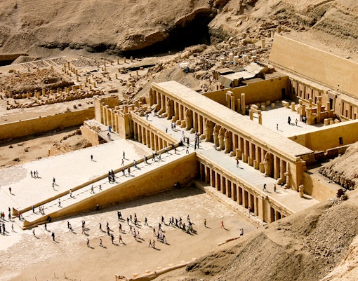 Valley of the Kings temple entrance with ancient hieroglyphics, Luxor, Egypt.