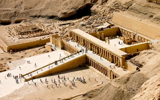 Valley of the Kings temple entrance with ancient hieroglyphics, Luxor, Egypt.