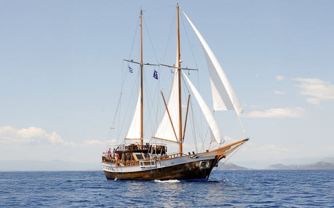 Traditional wooden gulet sailing on the Aegean Sea, Greece.