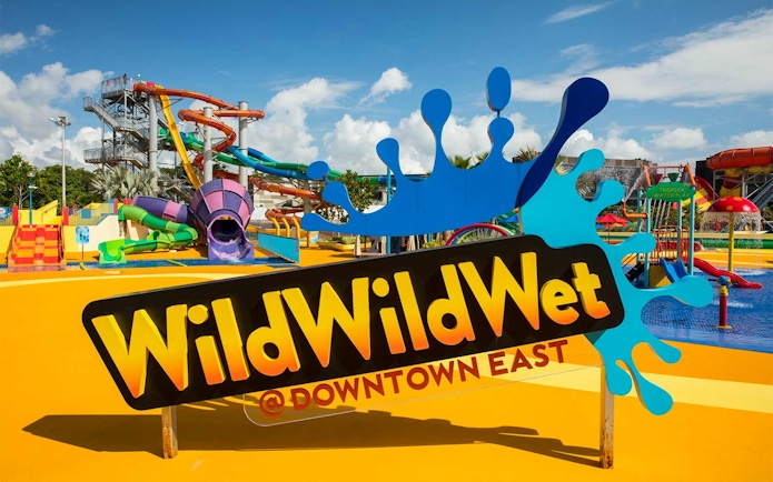 Wild Wild Wet water park entrance with colorful slides, Singapore.