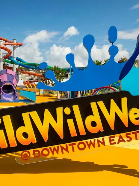 Wild Wild Wet water park entrance with colorful slides, Singapore.