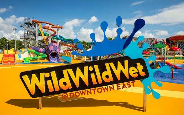 Wild Wild Wet water park entrance with colorful slides, Singapore.