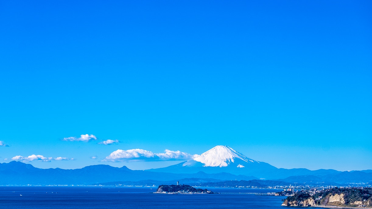 View of Shonan Enoshima and Mt Fuji from Hiroyama Park in Zushi, Kanagawa Prefecture.