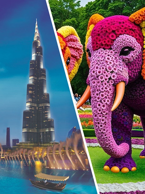 Floral elephant sculpture at Dubai Garden Glow with Burj Khalifa in the background.