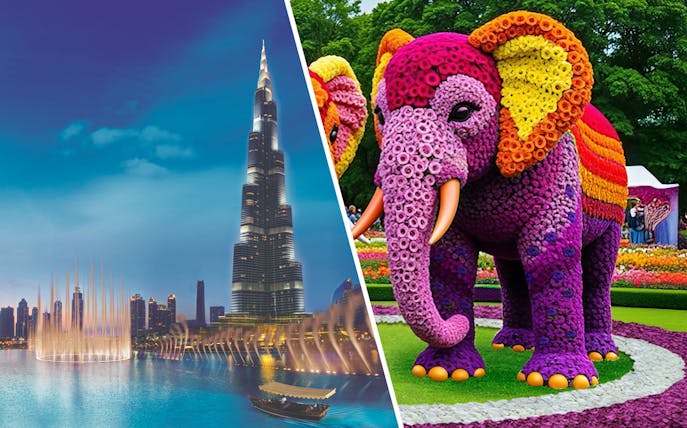 Floral elephant sculpture at Dubai Garden Glow with Burj Khalifa in the background.
