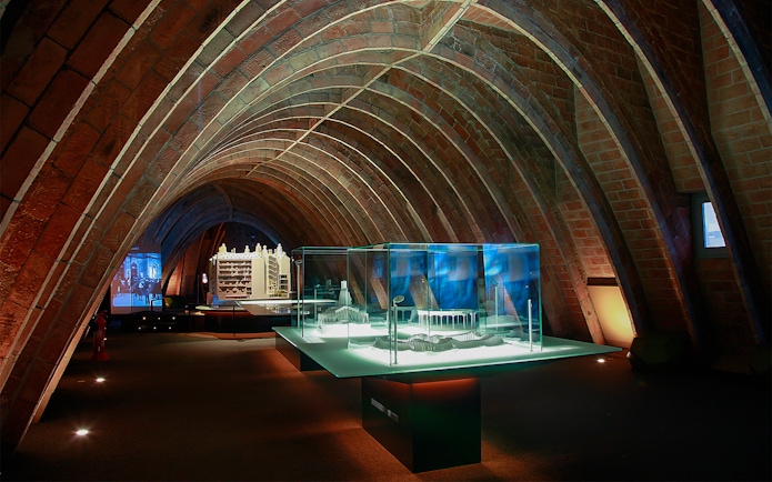 Casa Mila-La Pedrera attic with architectural models on display during night tour.
