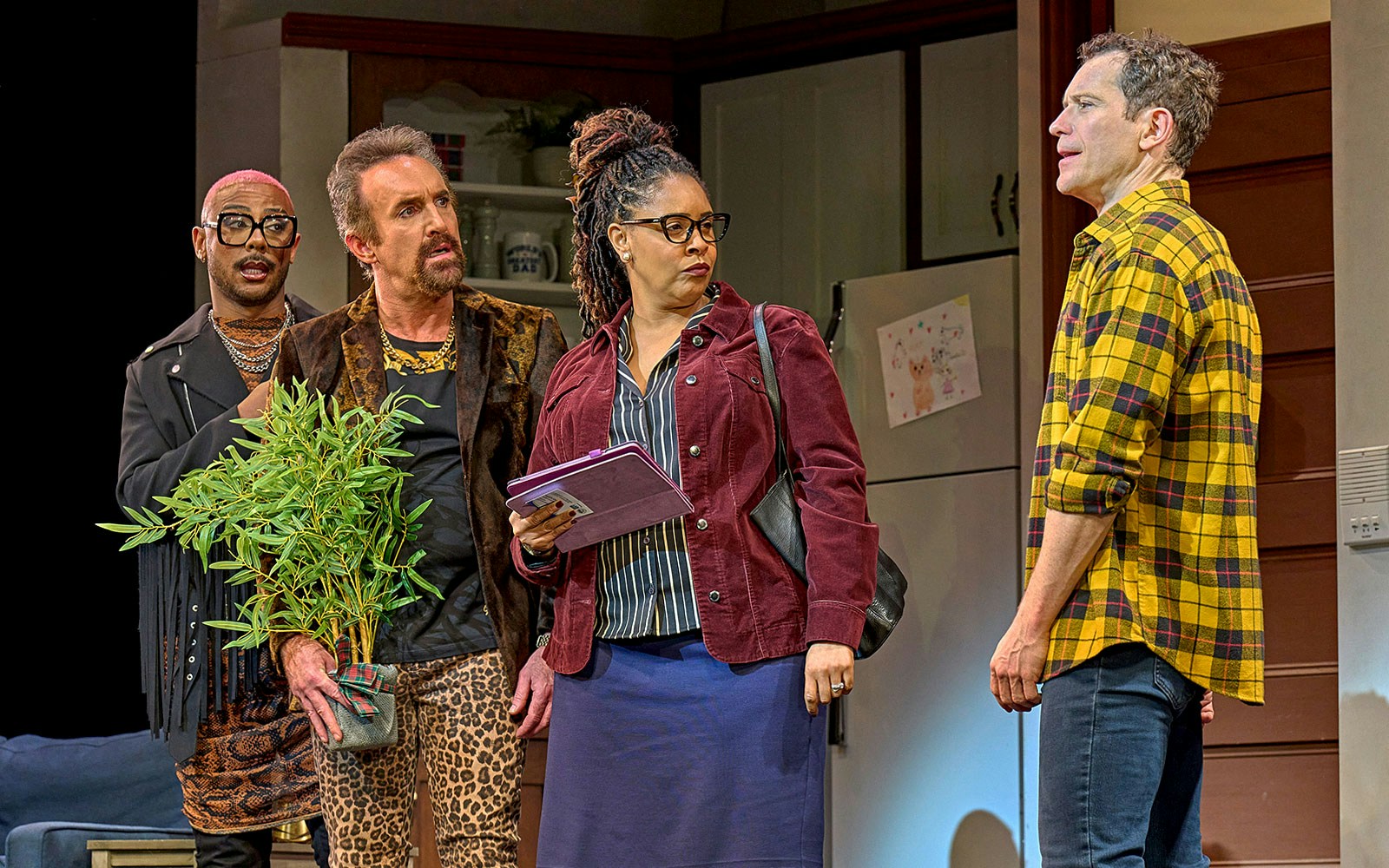 Group of actors in a scene from the Mrs. Doubtfire stage production.
