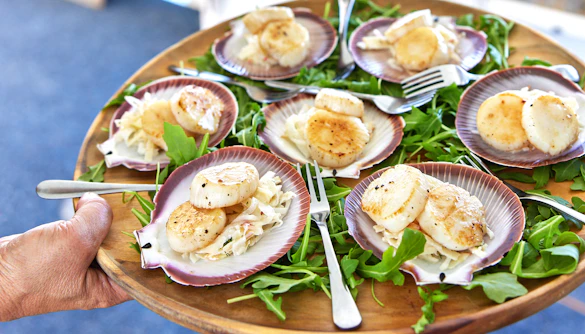 Seared scallops on shells with greens, served on Rottnest Island Luxe Seafood Cruise.