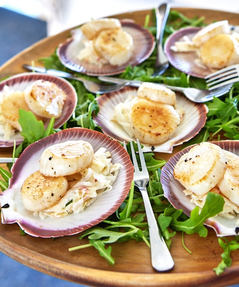 Seared scallops on shells with greens, served on Rottnest Island Luxe Seafood Cruise.