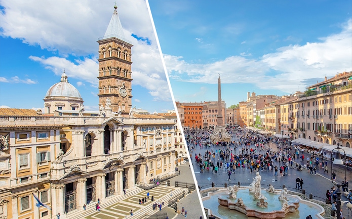Aerial view of Basilica Santa Maria Maggiore and bustling Piazza Navona in Rome.