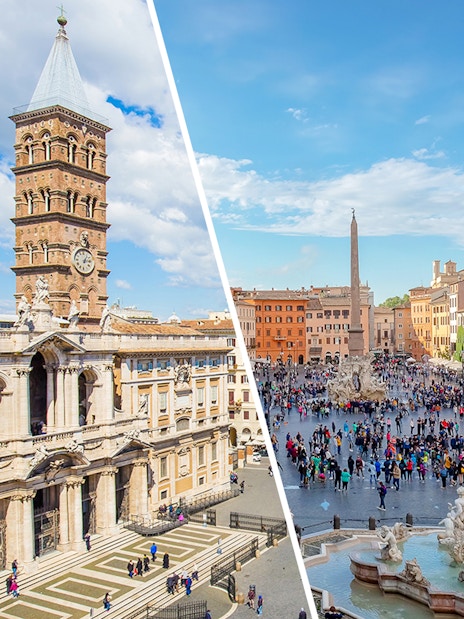 Aerial view of Basilica Santa Maria Maggiore and bustling Piazza Navona in Rome.