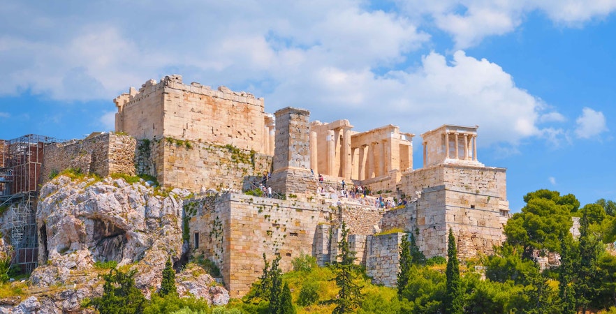 Ancient ruins of the Acropolis in Athens, Greece, viewed from the Areopagus hill.