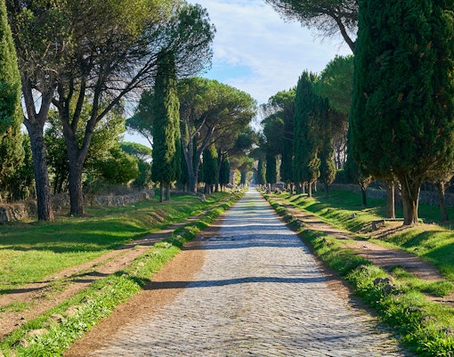 Ancient Appian Way with cobblestone path and surrounding greenery in Rome, Italy.