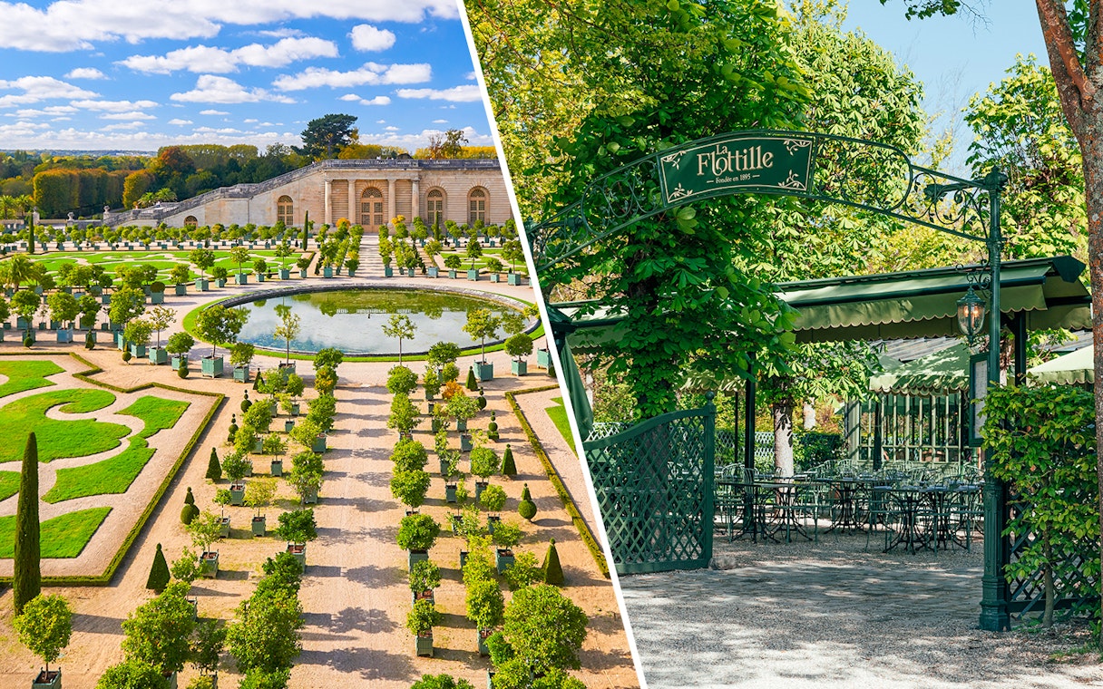 Versailles Palace courtyard with tourists and entrance to La Flottille Restaurant, France.