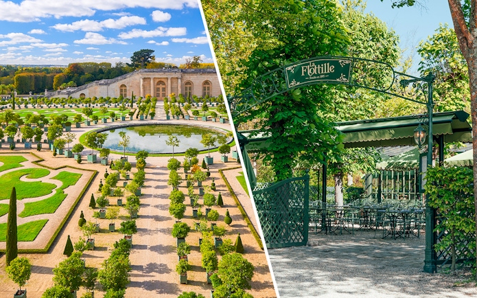 Versailles Palace courtyard with tourists and entrance to La Flottille Restaurant, France.