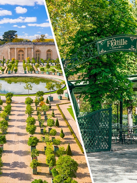 Versailles Palace courtyard with tourists and entrance to La Flottille Restaurant, France.