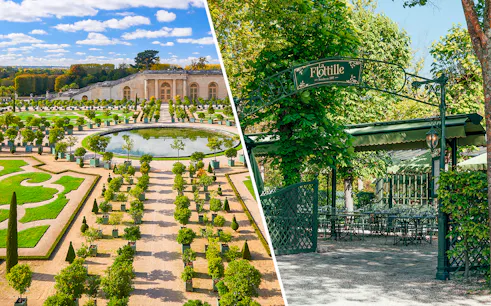 Versailles Palace courtyard with tourists and entrance to La Flottille Restaurant, France.