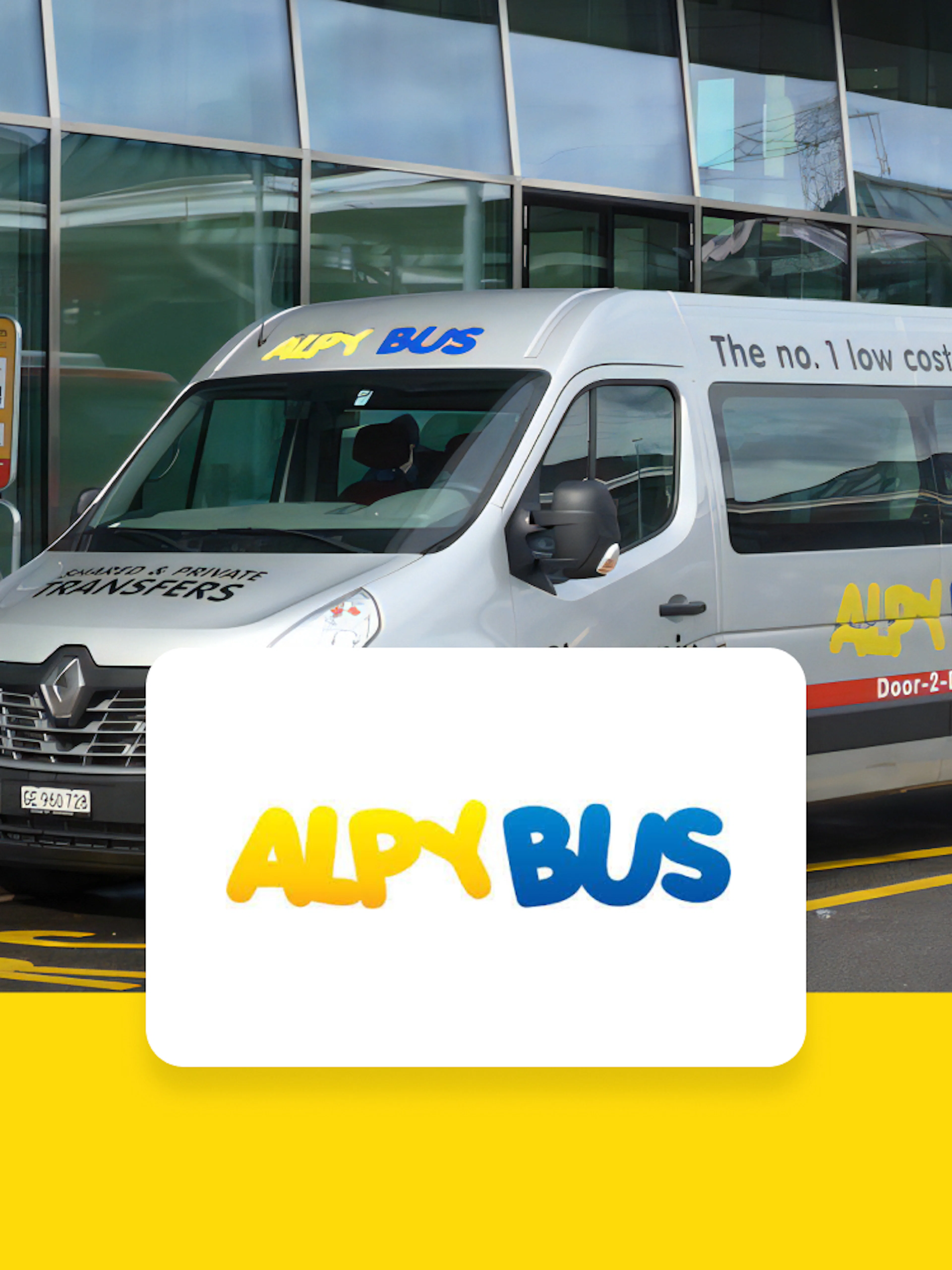 AlpyBus vehicle at Geneva Airport for transfers to Morzine Bus Terminal.