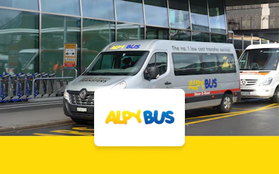 AlpyBus vehicle at Geneva Airport for transfers to Morzine Bus Terminal.