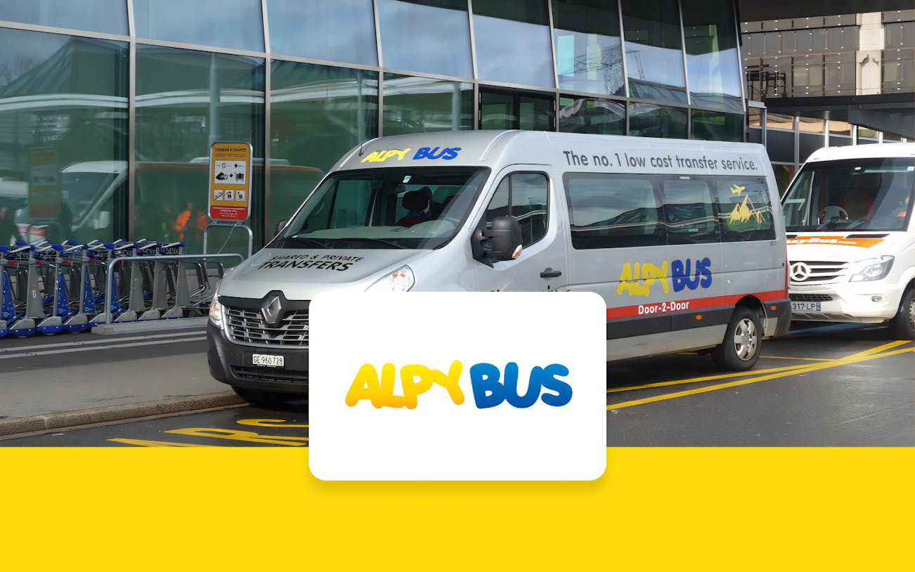 AlpyBus vehicle at Geneva Airport for transfers to Morzine Bus Terminal.