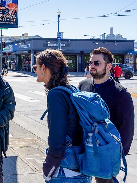 Group on Fisherman’s Wharf walking tour with guide, San Francisco.
