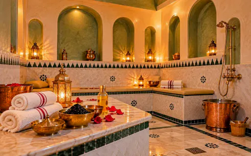 Luxurious hammam interior with towels, lanterns, and massage oils in Marrakech spa.