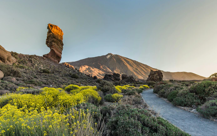 Roques de Garcia rock formation with Pico del Teide in background, Teide National Park, Tenerife.