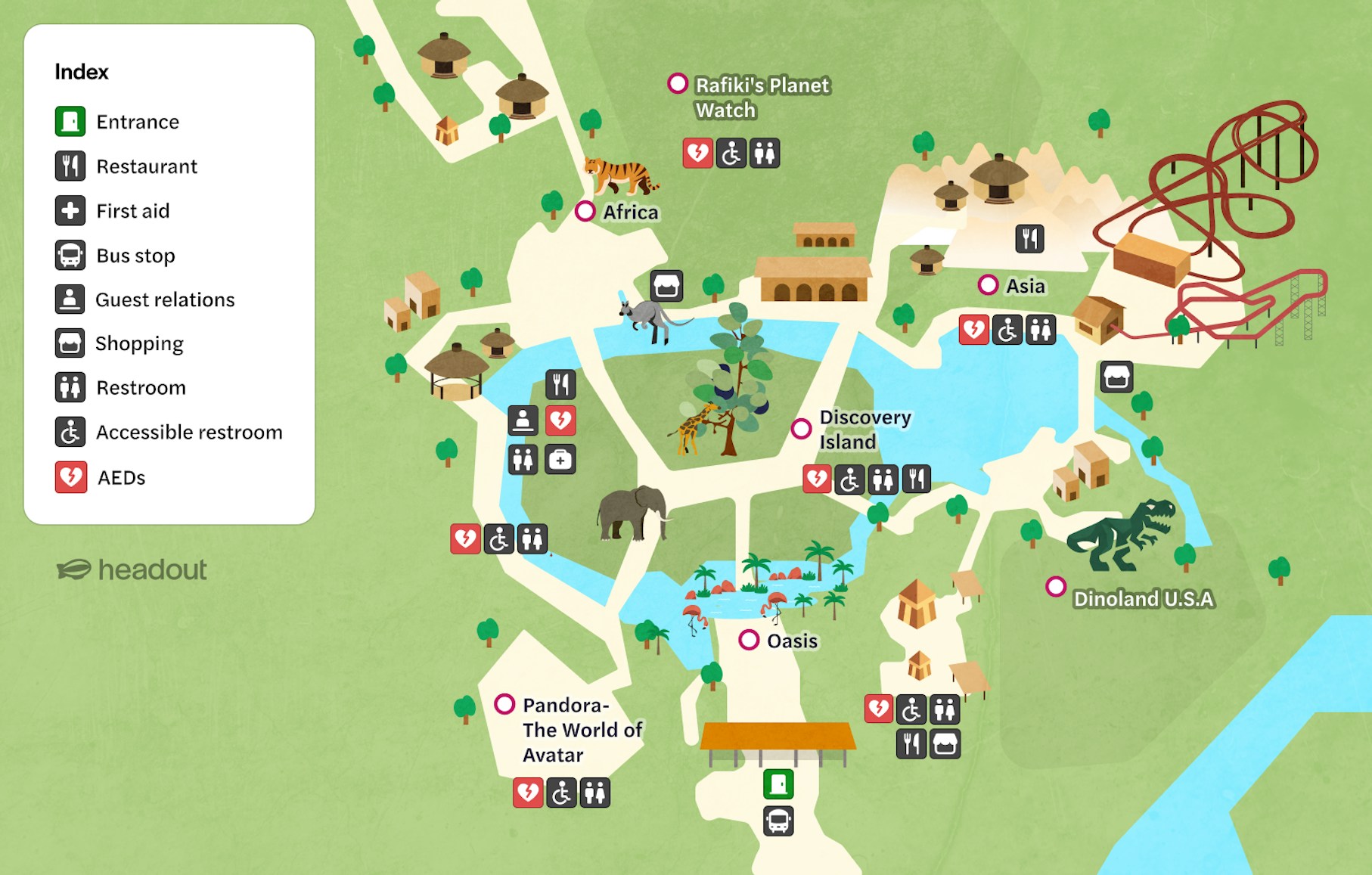 Map of Walt Disney World Orlando showing areas like Africa, Asia, and Dinoland U.S.A. with attractions and amenities.